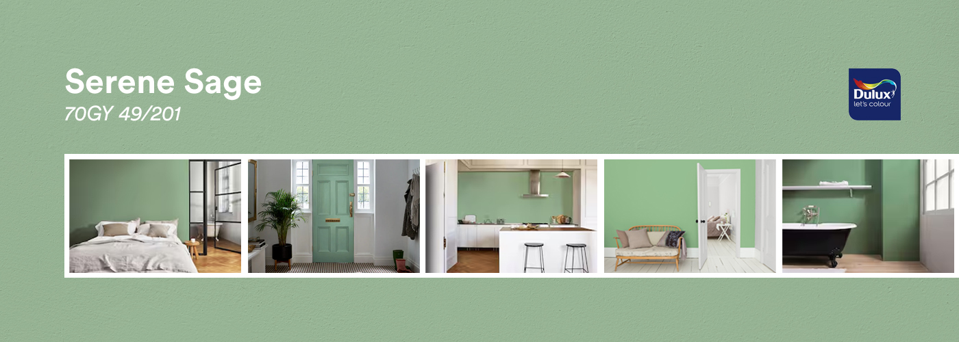 Serene Sage paint by Dulux displayed with different room inspirations.