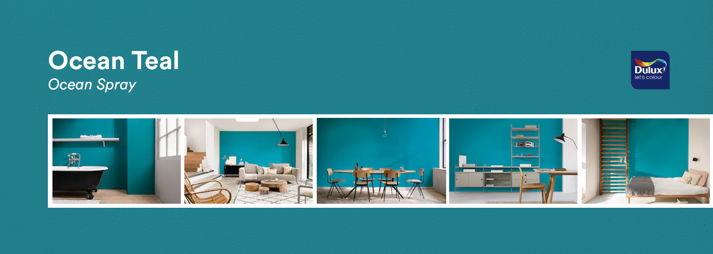 Ocean Teal paint by Dulux presented with various interior design ideas.