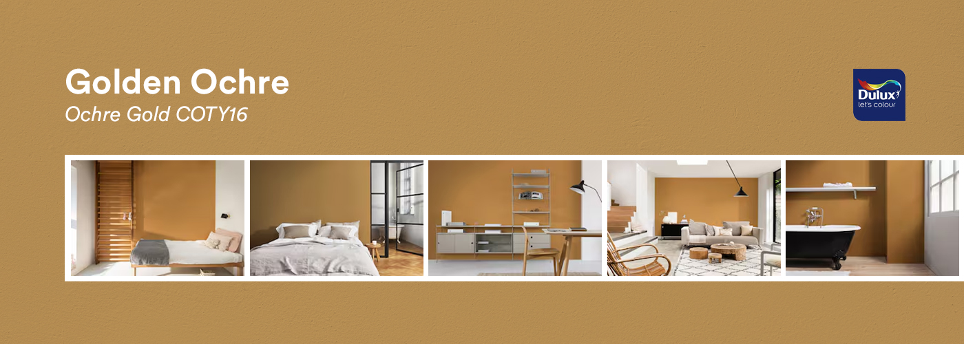 Golden Ochre paint by Dulux displayed with different room setups.