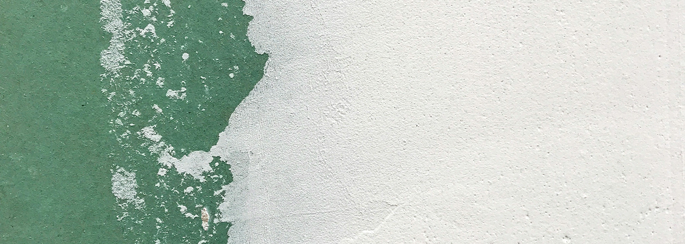 Close-up of green paint partially covered with a layer of white paint on a textured wall.