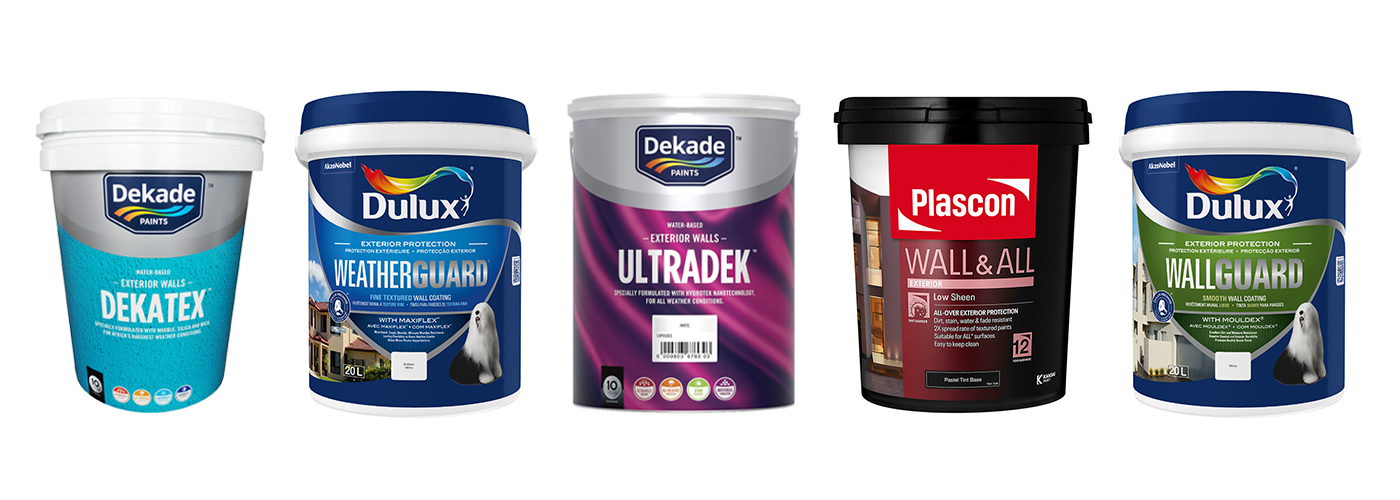 Five tubs of exterior paint including Dekatex, Dulux Weatherguard, Dekade Ultradek, Plascon Wall & All, and Dulux Wallguard lined up in a row.